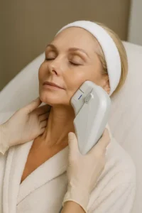 Woman receiving HIFU non surgical facelift treatment Godalming