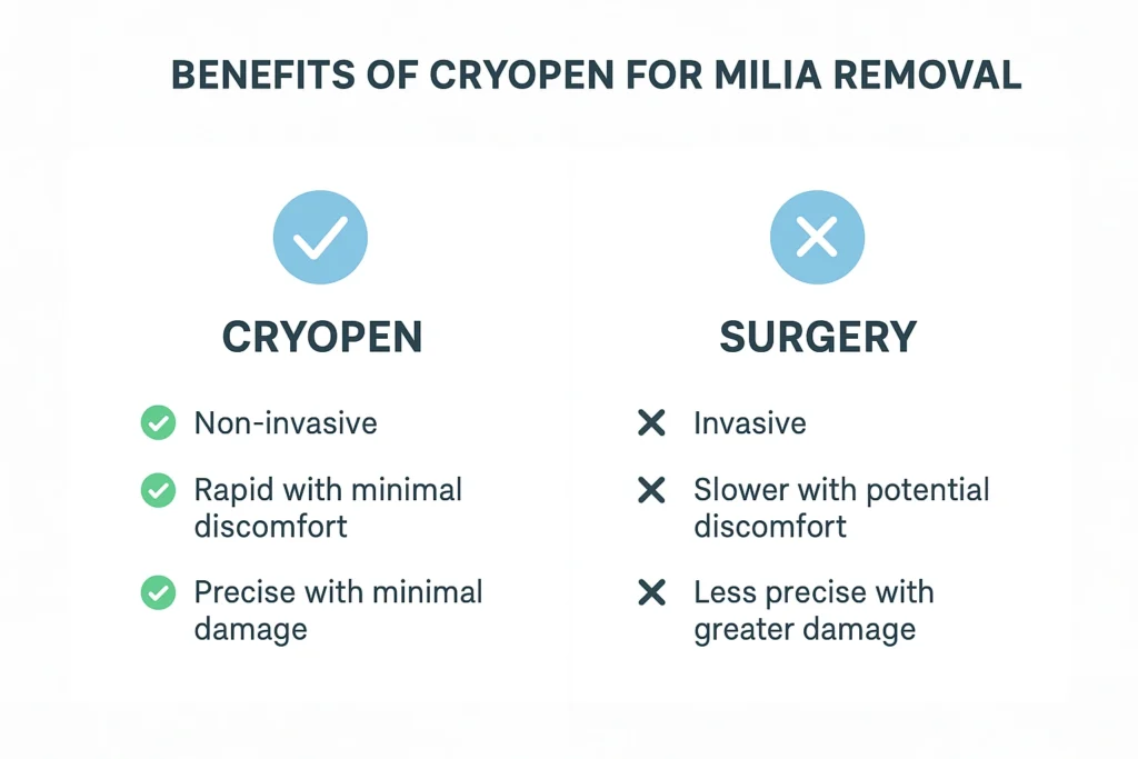 Benefits of cryopen for milia removal Godalming compared to surgical treatments.