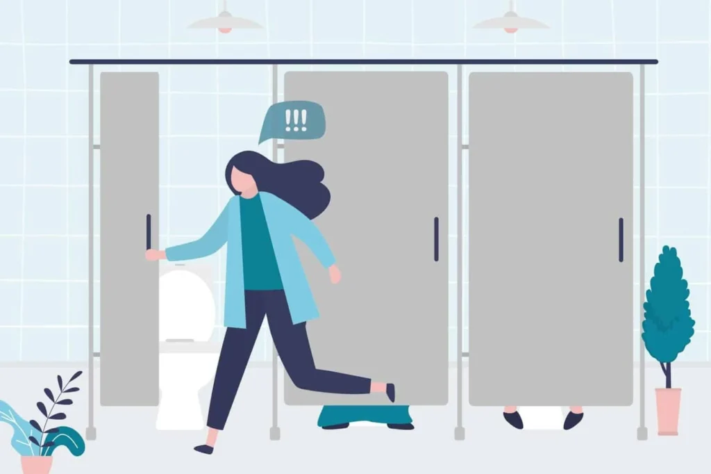 graphic of Urine incontinence Godalming woman running to the toilet.