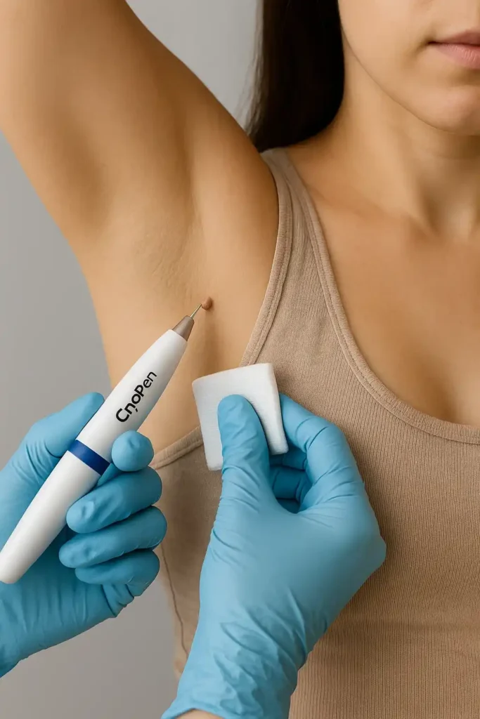 woman having cryopen to remove underarm skin tags Godalming