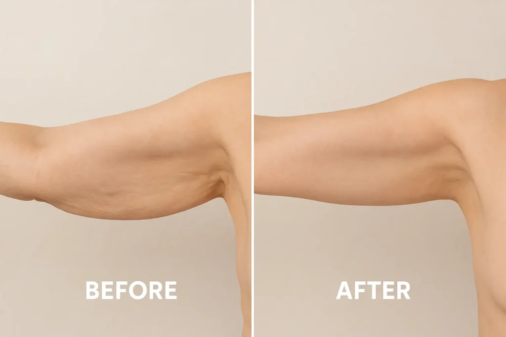 Picture of LA LIPO Godalming before and after results of skin tightening treatment on the upper arms.