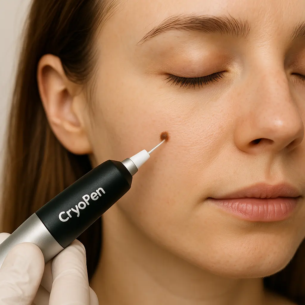 woman receiving facial mole removal Godalming using cryopen
