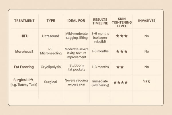 Table showing the comparisons of Skin tightening Godalming treatment options.